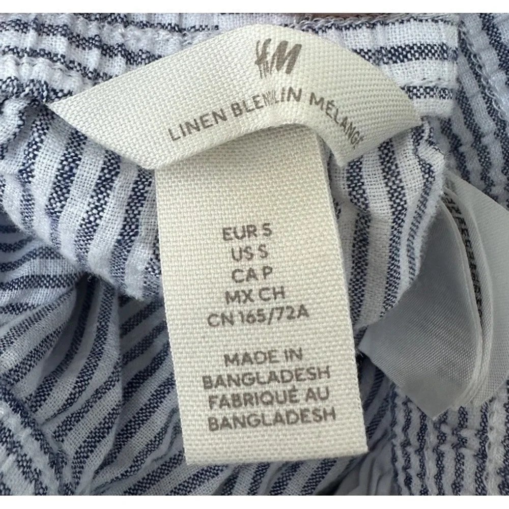 H&M Linen Blend Blue White Pinstripe Wide Leg Pants Small Casual Coastal Resort